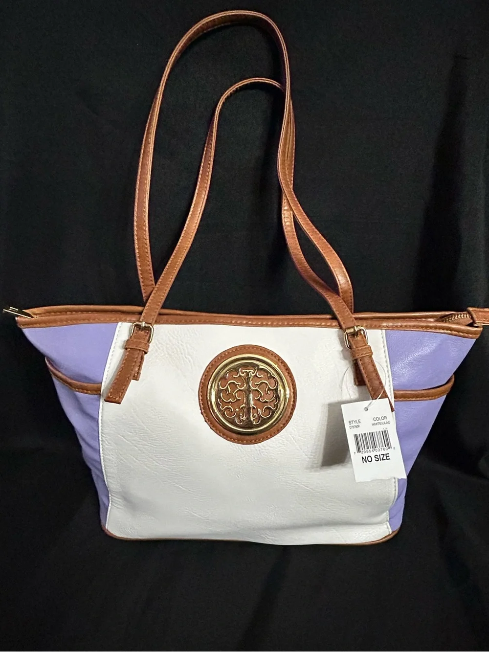 Women’s White & Lavender Tote Bag with Brown Trim & Gold Accent NWT